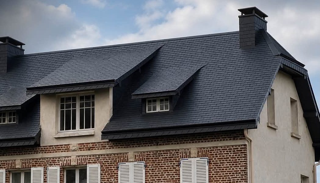 Toiture en ardoise avec lucarnes, souche de cheminée et zinguerie, sur une maison en brique