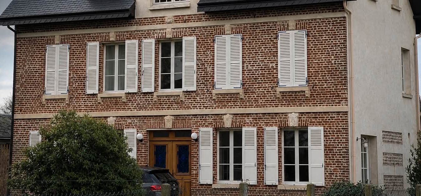 Façade de maison de maître en brique avec bandeaux de pierre et volets blancs