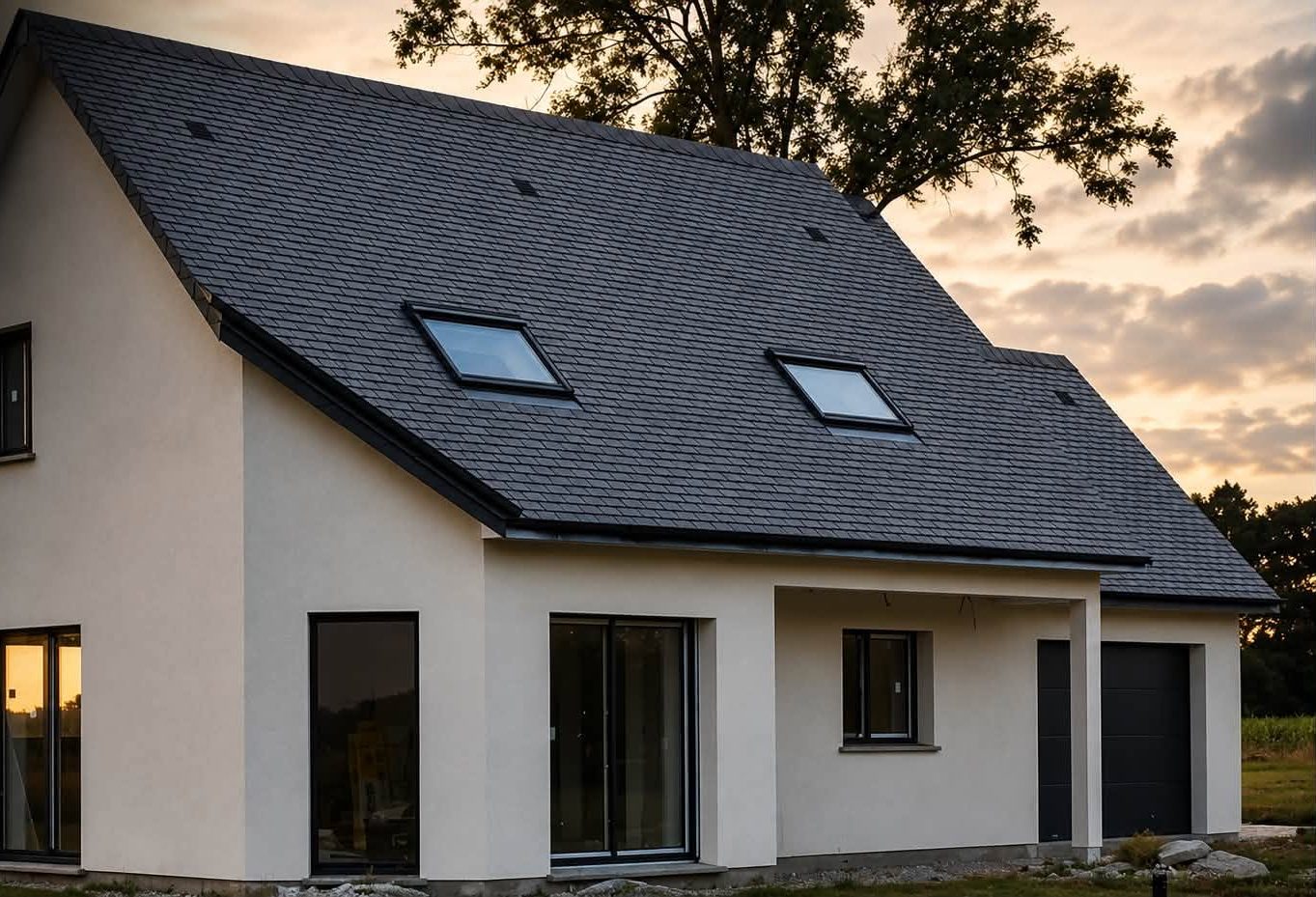Maison neuve enduite avec toiture en ardoise et châssis de toit